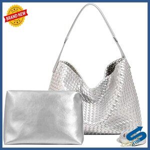 Woven Vegan Leather Tote with Clutch, Adjustable Strap, Multi-Use Handbag